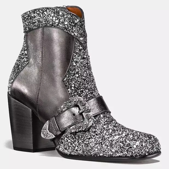 Coach Shoes - Coach Black & Silver Luxury Leather Glitter Western Buckle Bootie